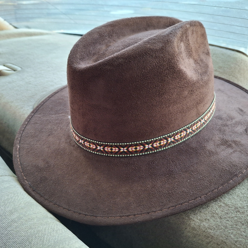 Brown Suede Men's Hat with Patterned Band